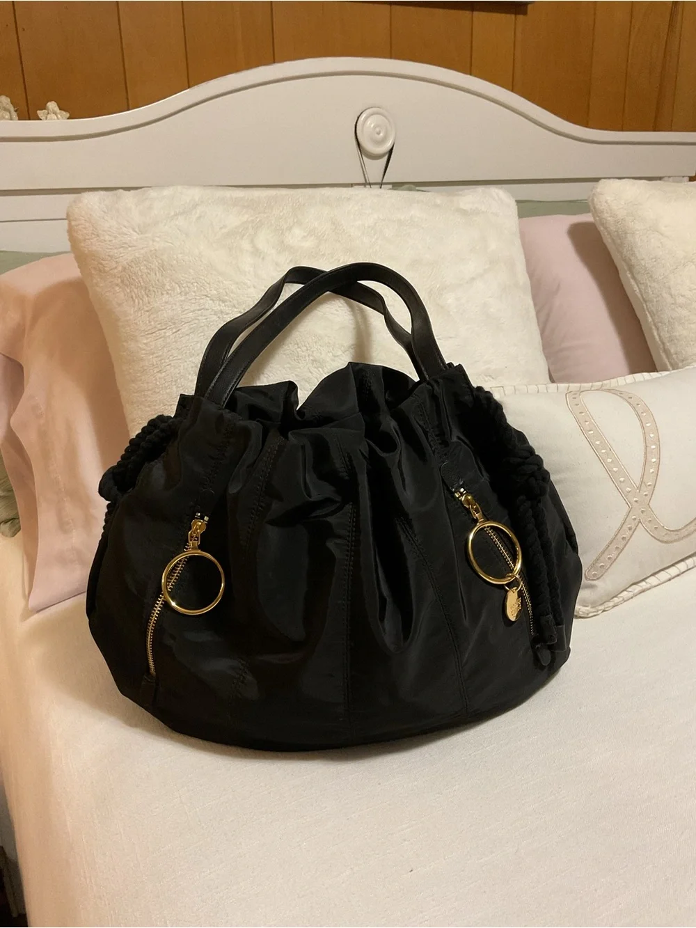 See By Chloe Flo- Black Nylon Shoulder Bag with Gold Ring Charm - Picture 1 of 13